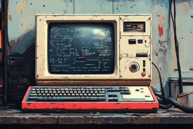 Una computadora antigua en un escritorio oxidado