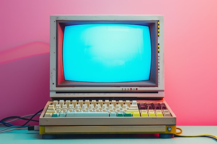 Foto una computadora antigua con una pantalla azul se sienta en un escritorio frente a una pared rosada una computadora antiga de la década de 1980 completa con un monitor voluminoso y un teclado colorido
