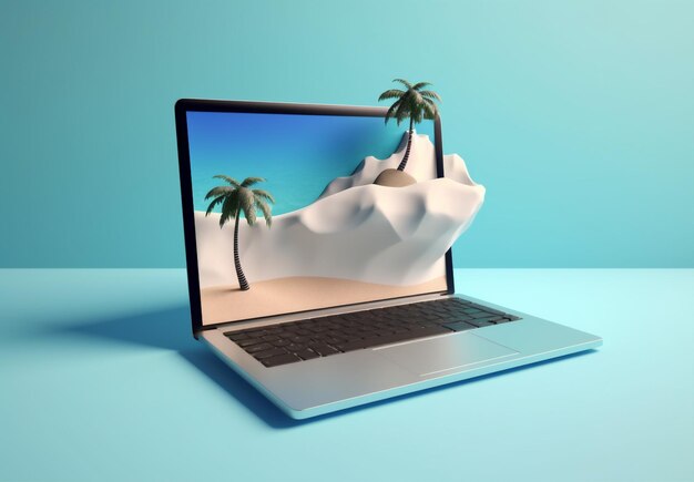 Computadora árbol tropical portátil vacaciones palma concepto de viaje de verano playa IA generativa