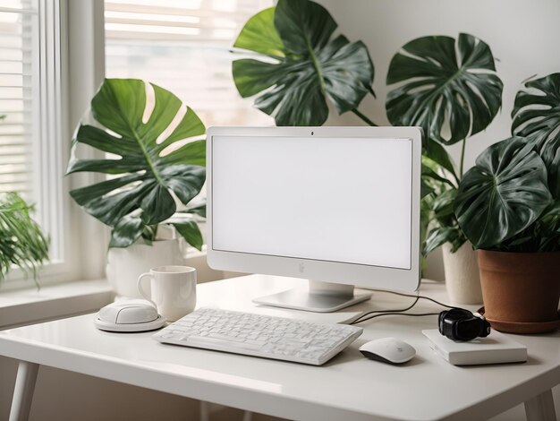 Foto computadora blanca en una mesa limpia con fondo de hoja de monstera