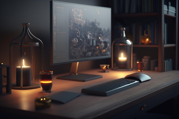 Una computadora con una botella de whisky y una botella de whisky sobre la mesa.