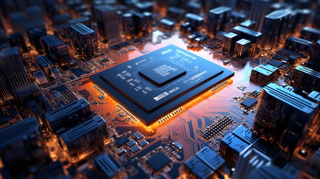 Computadora central Procesadores Concepto de CPU Placa base chip digital Tecnología ciencia fondo Procesador de comunicación integrado Ilustración 3D