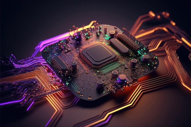 Una computadora con colores de neón y una placa de circuito.