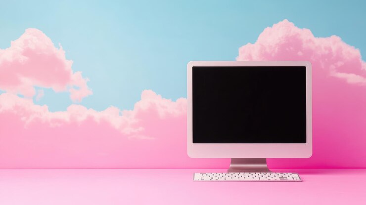 Foto computadora contra fondo de cielo rosa y azul con nubes