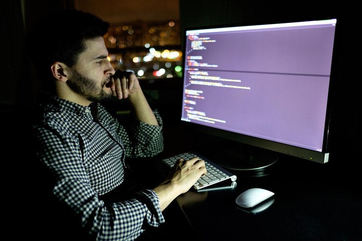 Foto computadora desarrolladora de software en la oscura oficina en casa
