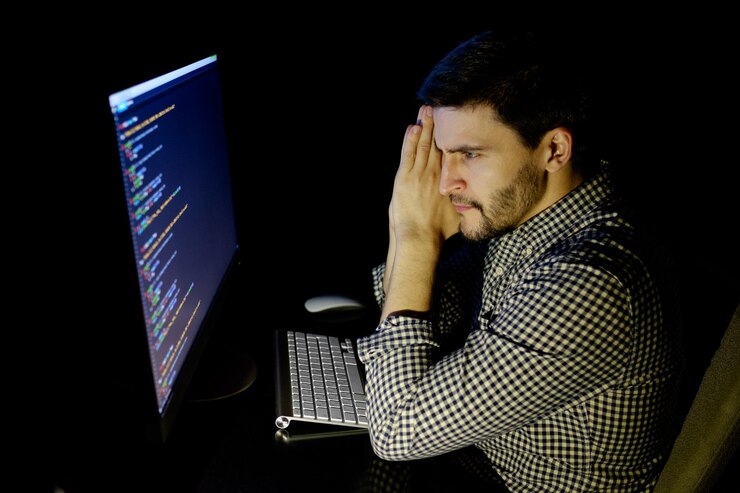 Foto computadora desarrolladora de software en la oscura oficina en casa