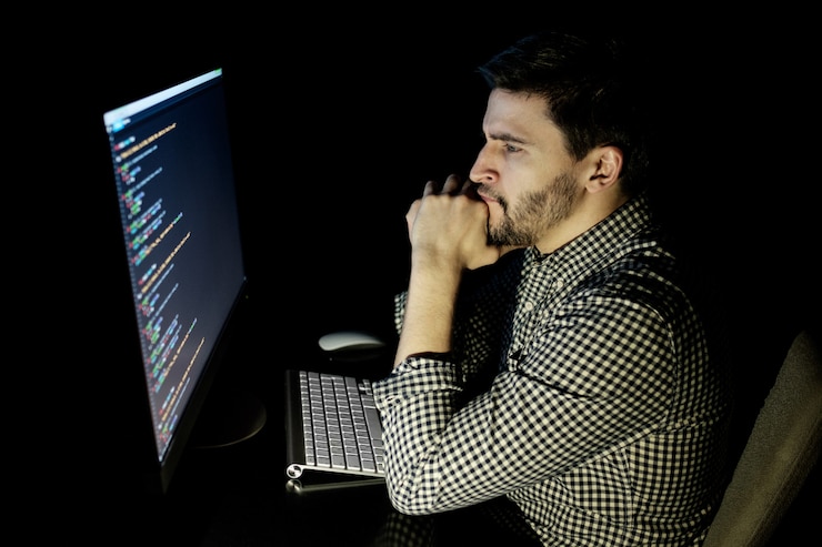 Foto computadora desarrolladora de software en la oscura oficina en casa