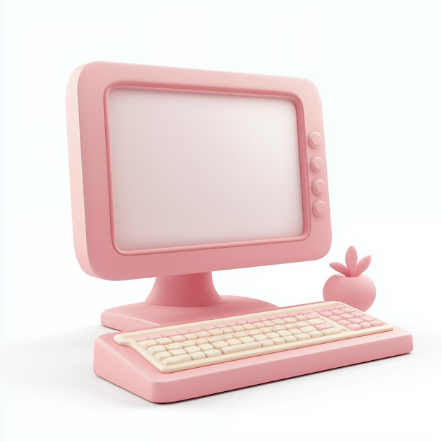 Computadora de dibujos animados rosa con pantalla en blanco y teclado