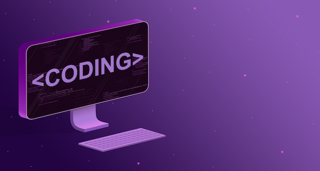 Computadora con elementos del código del programa en la pantalla y la inscripción codificación 3d
