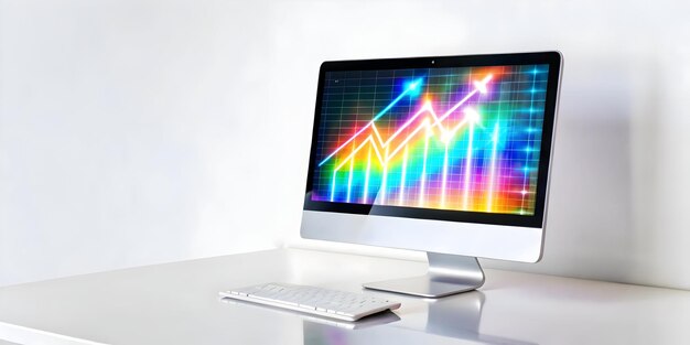 Computadora de escritorio 3D con flechas de ganancias holográficas para temas financieros y comerciales