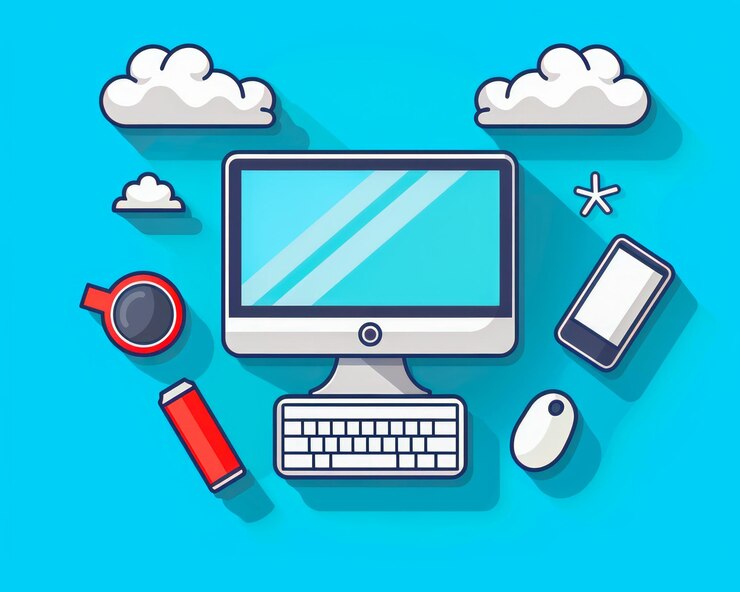 Foto computadora de escritorio al estilo de dibujos animados con accesorios y nubes en fondo azul