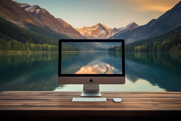 Computadora de escritorio en un escritorio con una impresionante vista de la cordillera 00