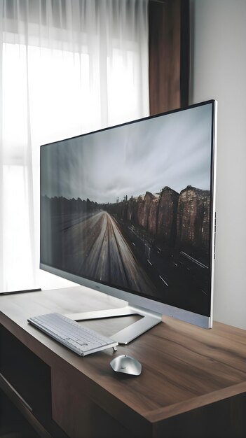 Foto computadora en un escritorio en una habitación con vistas a la carretera