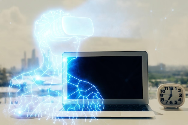 Computadora en el escritorio con icono de tema AR Multi exposición Concepto de realidad aumentada