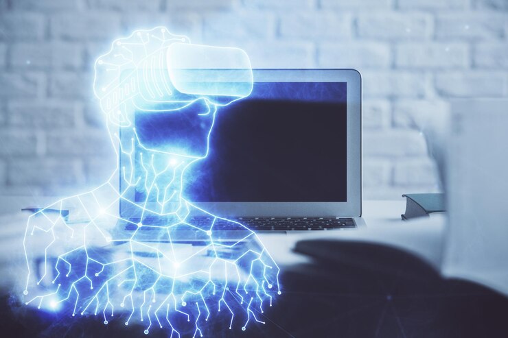 Foto computadora en el escritorio con icono de tema ar multi exposición concepto de realidad aumentada