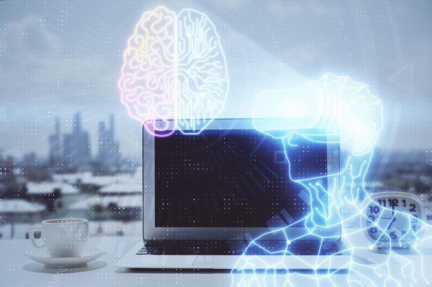 Computadora en el escritorio con icono de tema AR Multi exposición Concepto de realidad aumentada