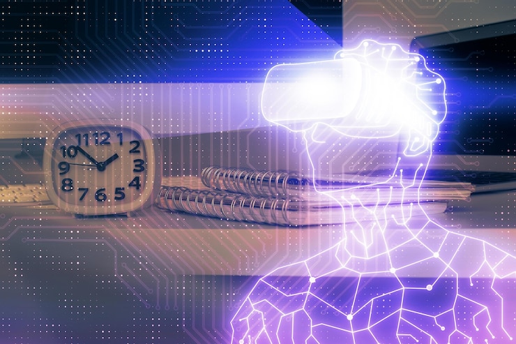 Foto computadora en el escritorio con icono de tema ar multi exposición concepto de realidad aumentada