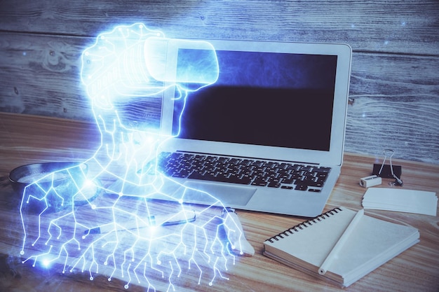Computadora en el escritorio con icono de tema AR Multi exposición Concepto de realidad aumentada