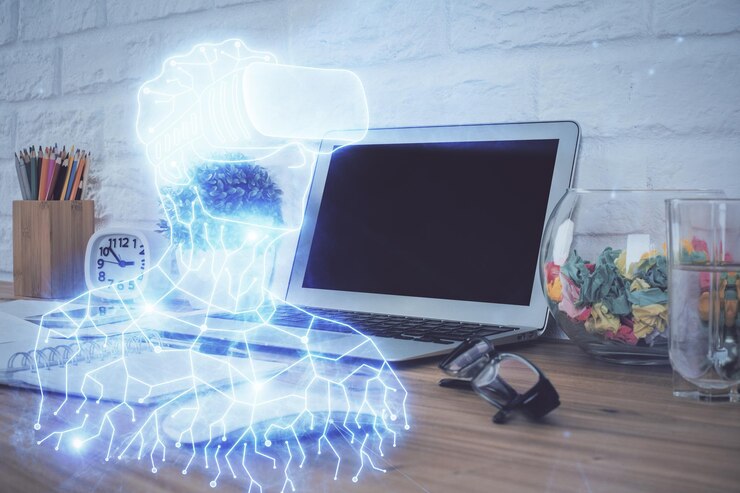Foto computadora en el escritorio con icono de tema ar multi exposición concepto de realidad aumentada