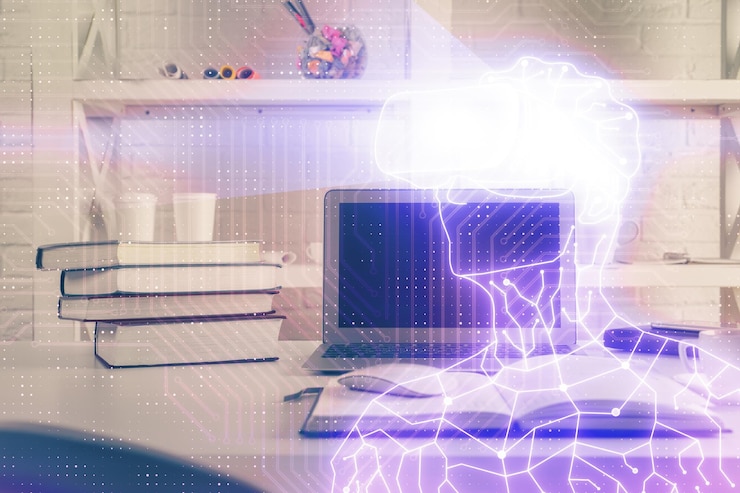 Foto computadora en el escritorio con icono de tema ar multi exposición concepto de realidad aumentada