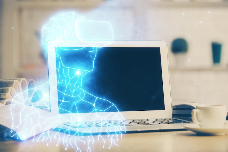 Foto computadora en el escritorio con icono de tema ar multi exposición concepto de realidad aumentada