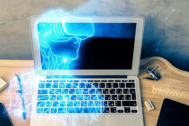 Computadora en el escritorio con icono de tema AR Multi exposición Concepto de realidad aumentada