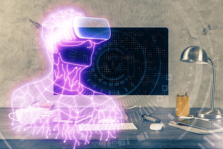 Foto computadora en el escritorio con icono de tema ar multi exposición concepto de realidad aumentada