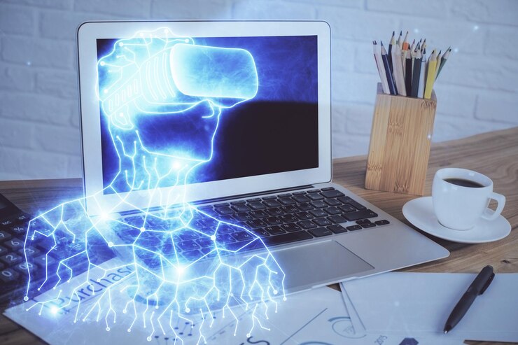 Foto computadora en el escritorio con icono de tema ar multi exposición concepto de realidad aumentada