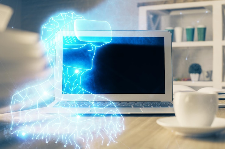Foto computadora en el escritorio con icono de tema ar multi exposición concepto de realidad aumentada
