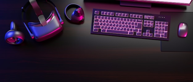 computadora de escritorio para jugadores con teclado de neón auriculares vr con joystick espacio de copia espacio de trabajo oscuro para juegos