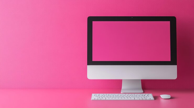 Foto computadora de escritorio moderna con pantalla en blanco en una mesa rosada