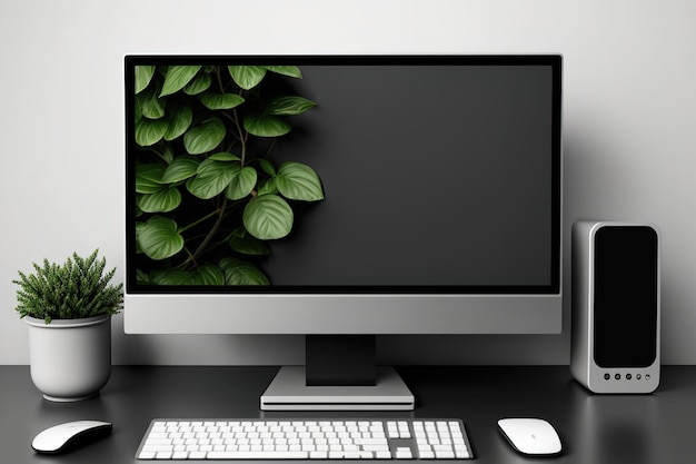 Foto computadora de escritorio moderna con una pantalla vacía en un escritorio pantalla en blanco para collage de gráficos