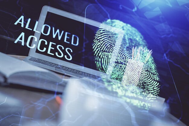 Computadora de escritorio en la oficina con dibujo de huellas dactilares Doble exposición Concepto de seguridad de datos comerciales