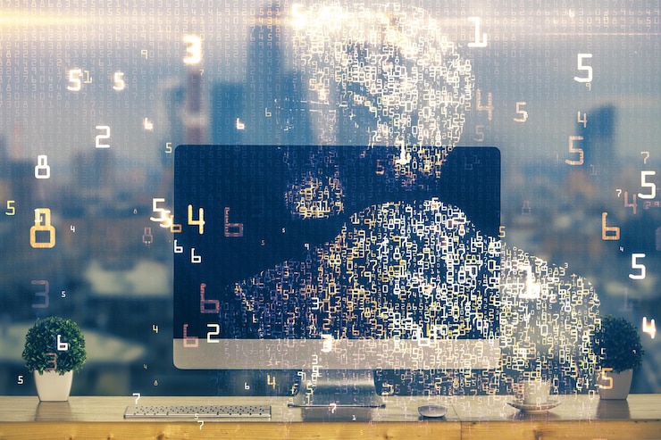 Foto computadora en el escritorio en la oficina con holograma de tema tecnológico concepto tecnológico de exposición múltiple