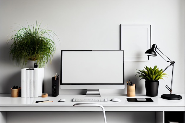 Computadora de escritorio con pantalla en blanco en la habitación con decoraciones generadas por IA