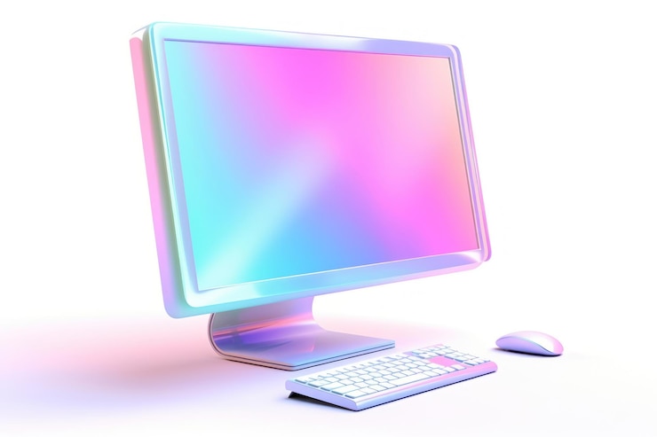 Foto computadora de escritorio pantalla iridescente de fondo blanco electrónica