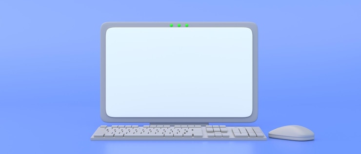Foto computadora de escritorio pantalla vacía mínima teclado mouse azul fondo espacio 3d ilustración