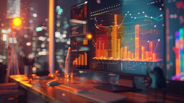 Una computadora de escritorio que muestra un gráfico empresarial 3Drendered que proporciona una representación visualmente atractiva de datos financieros complejos