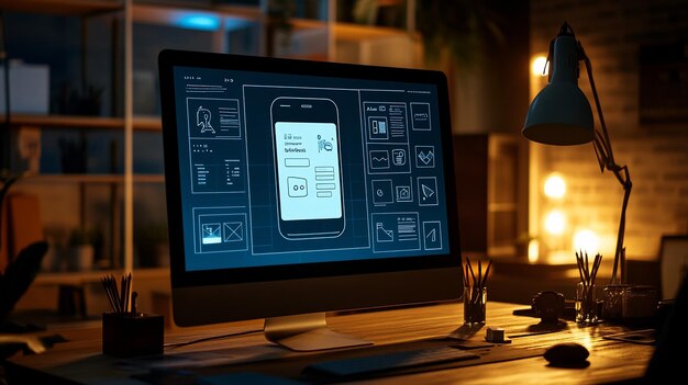 Una computadora de escritorio que muestra software de diseño de aplicaciones de comida en un escritorio de madera en una habitación acogedora