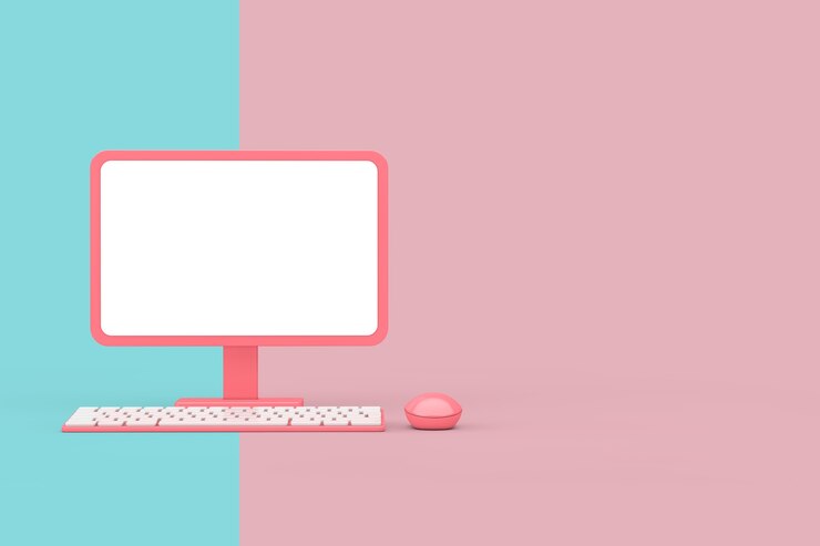 Foto computadora de escritorio rosa de dibujos animados abstractos con mouse, teclado y pantalla en blanco para su diseño en estilo duotono sobre un fondo rosa y azul. representación 3d