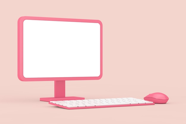 Computadora de escritorio rosa de dibujos animados abstractos con mouse, teclado y pantalla en blanco para su diseño en estilo duotono sobre un fondo rosa. Representación 3D
