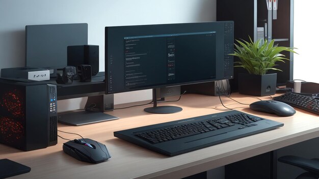 Una computadora de escritorio y un teclado y un ratón en la oficina moderna creativa