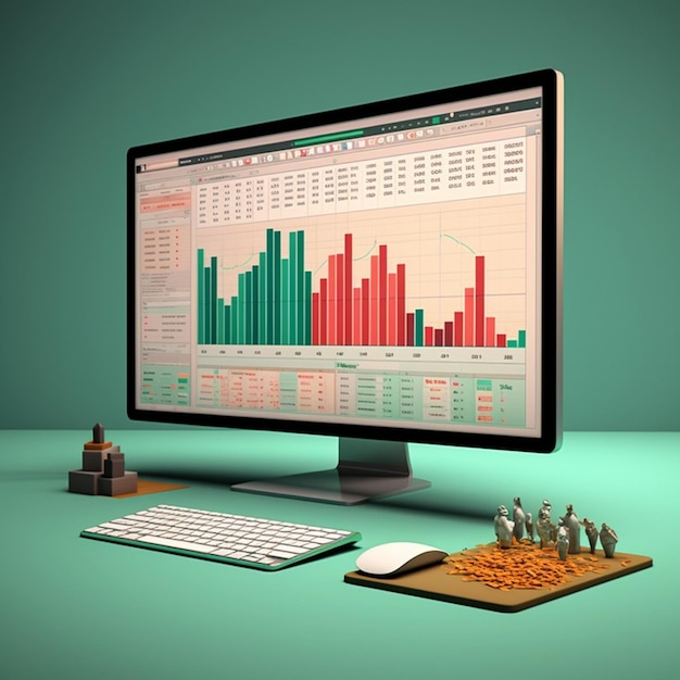 Computadora con gráficos de crecimiento aislados en un fondo verde