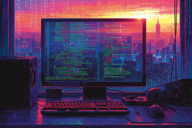 Una computadora de hackers con un horizonte de la ciudad en el fondo