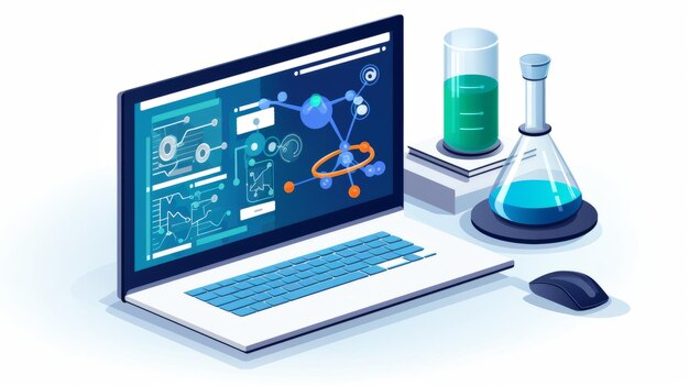 Foto computadora con laboratorios virtuales software caja de arena en la pantalla aplicaciones de promoción realistas embler