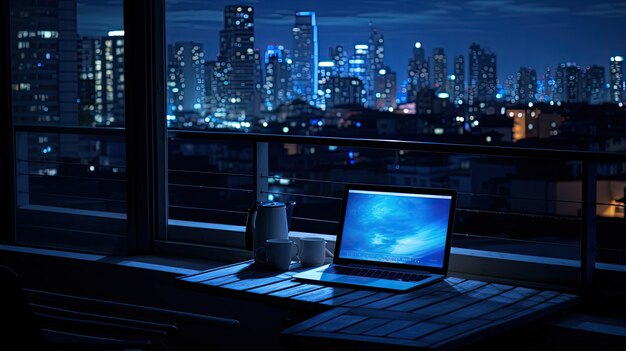 Foto computadora de luz azul urbana