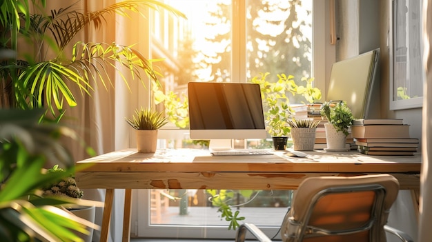 computadora en la mesa de la ventana con vista al jardín exuberante