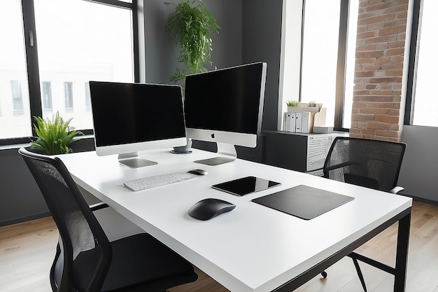 Foto computadora moderna en la mesa en el interior de la oficina lugar de trabajo elegante