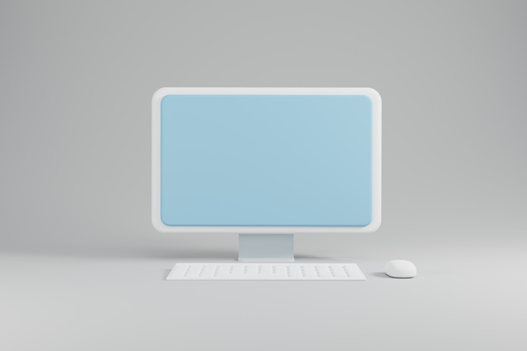 Foto computadora con monitor, teclado y mouse con color blanco y gris pastel