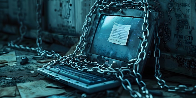 una computadora con una nota en la pantalla y un bloc de notas